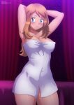 1girl 1girl 1girl alluring auburn_hair bare_legs blue_eyes breasts cleavage female_only looking_at_viewer nintendo pokemon posing serena serena_(pokemon) tagme towel towel_around_breasts zel-sama