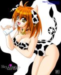 1girl animal_ears bell bell_collar big_breasts breasts cleavage collar cosplay costume cow_bell cow_ears cow_girl cow_horns cow_print cow_tail cowbell earrings fang horns jewelry lingerie milk red_hair redhead sky_lounge_garden solo tail tomoya_kankurou underwear yellow_eyes