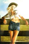 blonde_hair cowboy_hat cowgirl denim_shorts dixie_clemets fence front-tie_top outdoors rumble_roses wind windy