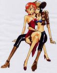 2girls artist_request bikini black_hair black_pants boots breasts choker cleavage cowboy_hat dress female fingerless_gloves gloves hat high_heel_boots high_heels hug jacket multiple_girls nami_(one_piece) nico_robin one_piece orange_hair red_clothes red_dress shiny_clothes smile strapless strapless_dress swimsuit yuri