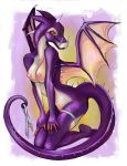 breasts catwoman_(artist) dragon female garter horns kneeling looking_at_viewer nipples nude panties panties_removed purple purple_background pussy scalie solo tail underwear wings yellow_eyes