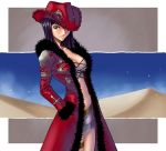 1girl alabasta breasts cleavage coat cowboy_hat female fringe fur_trim hands_in_pockets hat hat_over_one_eye jacket kagami_hirotaka lace_up_front large_breasts long_coat long_hair looking_at_viewer midriff navel nico_robin one_piece open_clothes open_jacket parted_lips red_jacket sand skirt solo thigh_strap