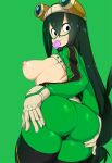 1girl areola ass big_breasts breasts breasts_outside clothed_female condom condom_in_mouth dat_ass exposed_breasts female_focus female_only hero_outfit_(mha) huge_ass long_hair looking_at_viewer looking_back my_hero_academia nipples no_bra slugbox solo_female solo_focus sweat tagme thick_thighs thighs tsuyu_asui