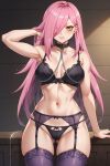  1girl ai_generated bed big_breasts bra cleavage lingerie long_hair nenefthivt on_bed panties pink_hair solo tagme underwear vtuber yellow_eyes 