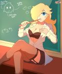 1_girl 1girl bra chalkboard classroom clothed crossed_legs crossed_legs_(sitting) female female_human female_only female_teacher garter_straps hair_over_one_eye human long_hair looking_at_viewer mostly_clothed open_shirt princess_rosalina rosalina royalty shirt sitting skirt solo stockings super_mario_bros. teacher