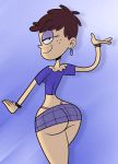 1girl ass black_eyes bracelet brown_hair ear_rings looking_back luna_loud panties pink_panties scobionicle99 short_hair skirt smile the_loud_house thong wide_hips