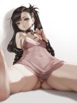 1_girl 1girl black_hair dress_lift erection_under_clothes female female_human female_only green_eyes human letdie1414 looking_at_viewer marnie_(pokemon) mary_(pokemon) no_panties partially_visible_vulva pink_dress pokemon sitting solo transparent_clothing twintails