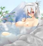 1girl ahoge breasts censored cup erect_nipples female floating_breasts haku_yowane highres large_breasts long_hair mitsuru_(madeinore) nipples nude onsen ponytail red_eyes silver_hair smile solo vocaloid water yowane_haku