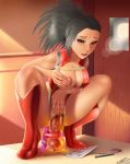 1girl ahegao anal anal_insertion areola big_breasts black_hair blush breasts cleavage clitoral_masturbation clitoris clothing digital_media_(artwork) dildo double_insertion double_penetration exposed_pussy female female_only human insertion looking_at_viewer masturbation momo_yaoyorozu my_hero_academia nipples penetration pussy pussy_juice sex_toy short_hair solo spread_legs squatting sudkampsin vaginal_insertion vaginal_masturbation vaginal_penetration voluptuous wet_pussy