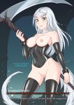 1girl 1girl 1girl artist_name bare_shoulders big_breasts black_legwear bottomless breasts burbur character_name clavicle cleft_of_venus corset crossbreed_priscilla dark_souls detached_sleeves english_text fur gameplay_mechanics gluteal_fold green_eyes health_bar holding holding_scythe horns latex long_hair looking_at_viewer monster_girl nipples parted_lips pussy scythe silver_hair slit_pupils souls_(from_software) stockings subtitled tail text uncensored watermark weapon