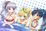 3_girls 3girls ahoge alluring antenna_hair big_breasts bikini black_hair blonde_hair breast_press breasts cleavage criss-cross_halter ganaha_hibiki grey_hair halftone halftone_background halter_top halterneck hibiki_ganaha hoshii_miki idolmaster idolmaster_sp large_breasts long_hair maru_(sara_duke) miki_hoshii multiple_girls ponytail shijou_takane silver_hair swimsuit takane_shijou wading_pool wet