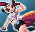 1girl animal_ears breasts brown_hair bunny_ears carrot densha_otoko dragon_(artist) getsumen_to_heiki_mina getsumento_heiki_miina gloves jpeg_artifacts midriff mina_tsukishiro miniskirt oekaki pencil_skirt red_eyes salute short_hair skirt solo tsukishiro_mina