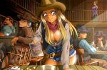 #1 2girls 4boys bandoleer bandolier bar beard belt blonde_hair breasts brown_eyes bullet bullets card cards cleavage cowboy_hat cowgirl dark_skin denim denim_shorts eyebrows facial_hair game_cg ganguro glaring glass gold_coins green_eyes gun hat kitayama_karin kogal large_breasts leaning_forward light_rays long_hair multiple_boys multiple_girls nipple_slip nipples no_bra photo_(object) private_garden private_garden_3 revolver saloon shorts smile source_request sunbeam sunlight tetratech thick uehara vest weapon western