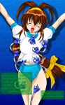 battle_athletes bdsm bondage bound brown_hair gym_uniform hair_ribbon kanzaki_akari long_hair ponytail ribbon tears thighs tickling