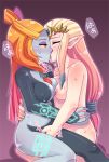 2girls blonde_hair blush breast_press breasts closed_eyes erect_nipples female fingering hair kiss kissing large_breasts long_hair lowres marono_piyoichi midna midna_(true) multiple_girls nintendo nipples nude orange_hair princess_zelda red_eyes simple_background spoilers sweat symmetrical_docking the_legend_of_zelda the_legend_of_zelda:_twilight_princess twili_midna twilight_princess yuri zelda