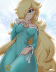 1_girl 1girl blonde blonde_hair clothed dress earrings female female_human female_only hair_over_one_eye holding_wand human long_blonde_hair long_hair princess_rosalina rilex_lenov rosalina royalty solo standing star_earrings super_mario_bros. wand