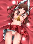 1girl arms_up blush breasts brown_eyes brown_hair detached_sleeves female hakurei_reimu japanese_clothes lying miko nipples no_panties on_back open_mouth pussy reimu_hakurei skirt skirt_lift solo touhou uncensored uron-rei