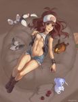  1girl bag_removed baseball_cap blue_eyes boots breast_slip breasts brown_hair cubchoo cutoffs denim denim_shorts drilbur erufuun hair hat headgear highres hips holding holding_poke_ball kumasyun long_hair looking_at_viewer lying midriff minccino mogurew navel nintendo nipples no_bra no_panties one_breast_out open_fly pidove poke_ball pokemon pokemon_(game) pokemon_bw ponytail pubic_hair sefuart shirt_lift short_shorts shorts smile speh t-shirt tepig toned touko_(pokemon) unbuttoned underboob undressing unzipped vest watermark web_address whimsicott white_(pokemon) wide_hips 