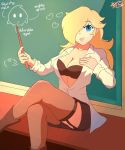 1_girl 1girl bra chalkboard classroom clothed crossed_legs crossed_legs_(sitting) female female_human female_only female_teacher garter_straps hair_over_one_eye human long_hair looking_at_viewer mostly_clothed open_shirt princess_rosalina rosalina royalty shirt sitting skirt solo stockings super_mario_bros. teacher