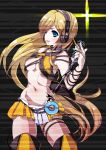 abs blonde_hair blue_eyes boots breasts cable cd cleavage collar female headphones lily_(vocaloid) long_hair microphone microphone_stand midriff miniskirt navel skirt smile solo tattoo thigh-highs thigh_boots thigh_high_boots thighhighs toned vocaloid zau zau_(okogesan) zettai_ryouiki