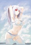 1girl adjusting_hair albino armpits arms_up bandeau bikini bra breasts cleavage haku_yowane large_breasts lingerie long_hair navel panties ponytail rain_lan red_eyes shiny shiny_skin silver_hair skindentation sky solo stockings submerged swimsuit thighhighs tubetop underwear vocaloid voyakiloid water wet wet_clothes white_bra white_hair white_legwear white_panties yowane_haku