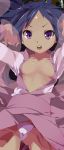  1girl :o adjusting_hair ahoge arms_up bad_id bangs blue_hair breasts cowboy_shot dark_skin dress flat_chest gem hagoromo high_res highres iris_(pokemon) long_hair looking_at_viewer midriff no_bra open_clothes panties pantyshot pantyshot_(standing) parted_bangs pokemon pokemon_(game) pokemon_bw2 purple_eyes robe see-through shawl small_breasts solo standing tiara toru_k underwear upskirt very_long_hair white_panties 