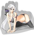 1girl ahoge all_fours ass black_bra black_legwear black_panties bow bra breasts cleavage eu03 grey_eyes hair_bow haku_yowane hanging_breasts highres large_breasts lingerie long_hair panties ponytail ribbon silver_hair sketch solo thighhighs thong underwear underwear_only vocaloid voyakiloid yowane_haku