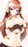  1girl bare_shoulders blue_eyes blush breasts brown_hair ciel_nosurge cleavage flower gust hair_flower hair_ornament ionasal_kkll_preciel ionasol long_hair midriff mogu navel shokuyou_mogura solo source_request surge_concerto 