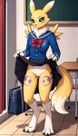 1girl 2024 ai_generated anthro black_sclera blue_eyes blush classroom digimon digimon_(species) digitigrade female_only flashing flashing_pussy high_res indoors innie_pussy looking_at_viewer no_panties pussy renamon school_uniform skirt skirt_lift smile white_fur yellow_fur