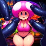 1girl 4boys ai_generated breasts dark-skinned_male double_handjob imminent_gangbang imminent_sex multiple_penises mushroom_humanoid navel nintendo panties pink_hair super_mario_bros. t-shirt toadette twin_braids veiny_penis