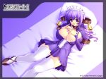 1girl bed bell bells blue_hair blush breast_squeeze breast_suppress breasts choker cleavage collar crim_(shichinin_no_online_gamers) dress dutch_angle erect_nipples fingernails frills from_above gunner-l hair_ornament hentai high_heels huge_breasts large_breasts long_fingernails long_hair maid maid_headdress milk_tank nail nails no_bra panties pantyshot pillow pillows purple purple_eyes purple_hair shichinin_no_online_gamers shoes smile solo stockings strap thighhighs underwear violet_eyes wallpaper white_legwear white_thighhighs zettai_ryouiki