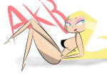 1girl 1girl 2015 agent_kalaschnikov atomickingboo bare_legs black_bra blonde_hair blue_eyes blush bra cartoon_network feet female_only laying_down lipstick robotboy sexy shiny shiny_skin sitting white_background