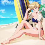  1girl 2021 absurd_res alluring artist_name bare_legs beach bikini bishoujo_senshi_sailor_moon blonde_hair blue_bikini blue_eyes blue_sky building chromatic_aberration cloud collared_shirt danmakuman dated female_focus full_body high_res huge_filesize looking_at_viewer medium_breasts ocean open_clothes open_shirt outside palm_tree sailor_uranus shirt short_hair signature sitting sky smile strapless strapless_bikini swimsuit ten&#039;ou_haruka tenou_haruka tree 