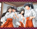  4girls breast_grab breasts dressing grabbing hentai japanese_clothes long_hair miko multiple_girls open_clothes open_shirt original shirt tanaka_shoutarou wallpaper yuri 