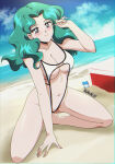  1girl absurd_res alluring beach bikini bishoujo_senshi_sailor_moon blue_eyes blue_sky chromatic_aberration cleavage cloud cooler danmakuman dutch_angle full_body green_eyes high_res kaiou_michiru kneel long_hair medium_breasts navel ocean one-piece_bikini pin_up revealing_clothes sailor_neptune sky smile swimsuit teal_hair white_one-piece_bikini 