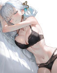 1girl alternate_costume bellmod3 blush jinhsi_(wuthering_waves) lingerie looking_at_viewer on_bed sleepy solo_focus twitter underwear wuthering_waves