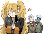 1girl 2_boys blonde_hair book embarrassed genderswap genderswap_(mtf) hatake_kakashi jiraiya kakashi_hatake mask naruko naruto_shippuden naruto_uzumaki nose_blush rule_63 surprised twin_tails white_hair