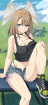 1girl 1girl alluring big_breasts black_choker black_tank_top blue_eyes breast_tattoo brown_hair choker cleavage crop_top denim denim_shorts eunie_(xenoblade) head_wings high_res long_hair looking_at_viewer mzrz open_fly short_shorts shorts smile tank_top tattoo white_wings wings xenoblade_(series) xenoblade_chronicles_3