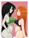 2girls adult adult_female age_difference alluring annoyed big_breasts black_hair disney disney_channel envy female_only green_eyes green_skin kim_possible kimberly_ann_possible light_skin lingerie orange_hair panties shego slutty_outfit symmetrical_docking teen teenage_girl teenager under_boob vdrawstuff