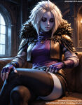  1girl 1girl 1girl ai_generated armor bangs big_breasts black_gloves black_legwear black_thighhighs blonde_hair breasts cape closed_mouth clothing couch cropped_jacket crossed_legs destiny_(game) destiny_2 facing_viewer female_only fingerless_gloves forehead fur_collar fur_trim gloves indoors jacket jewelry jousneystudio legwear lips long_sleeves looking_at_viewer mara_sov medium_breasts necklace parted_lips shirt short_hair sitting sleeping sleeping_upright stockings thighs white_hair window 