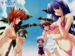  5girls beach bikini blue_hair breasts brown_hair cloud covered_nipples day everyone frilled_swimsuit frills fumio_(ura_fmo) green_hair hair_ribbon highres konishi_tamako large_breasts light_purple_hair long_hair multiple_girls nagasumi_mana name_tag one-piece_swimsuit outdoors palm_tree purple_hair ribbon sakura_chika school_swimsuit seashell setouchi_aoi shell shell_bikini short_hair side-tie_bikini_bottom sky sorauta swimsuit tree underboob white_one-piece_swimsuit yuunagi_mio 