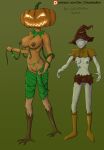  2_girls huge_breasts huge_nipples medium_breasts monster monster_girl patreon plant pumpkin pumpkin_head scarecrow the_ghostwalker 