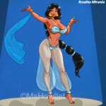  1girl aladdin_(series) alluring athletic_female barefoot belly_dancer belly_dancer_outfit big_breasts black_hair brown_eyes cleavage dark-skinned_female disney disney_princess female_abs fit_female harem_girl harem_outfit harem_pants long_hair mshowllet princess_jasmine royalty voluptuous 