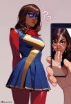 1boy 1girl ai_generated big_penis brown_hair cum cum_on_face cum_on_penis dark-skinned_female fellatio fully_clothed holding_phone interracial kamala_khan light-skinned_male long_hair looking_at_viewer marvel mask masked_female ms._marvel muslim_female pakistani_female penis_in_mouth phone phone_screen picture superheroine