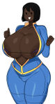 1girl 1girl african african_female big_breasts bikini_top black_eyes black_hair blue_bodysuit blush blush bodysuit breasts brown-skinned_female brown_skin cham22 cleavage curvy dark-skinned_female dark_skin edited fallout female_focus female_only fully_clothed_female high_res huge_breasts large_areolae large_thighs micro_bikini mob_face non-web_source open_bodysuit purple_bikini_top simple_background skin_edit skin_edit_(female) smile solo_female solo_focus standing sweat sweatdrop thick_thighs thumbs_up vault_girl vault_suit video_game_character white_background wide_hips