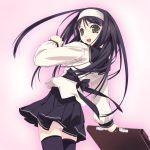 1girl bag black_hair bookbag f-ism fang green_eyes headband hentai highres long_hair looking_back murakami_suigun panties pantyshot school_uniform serafuku solo thighhighs underwear