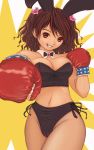 1girl animal_ears bare_shoulders boxing_gloves breasts brown_hair bunny_ears bunny_girl bustier copyright_request gloves hentai kobayashi_yuji kobayashi_yuuji large_breasts lingerie midriff panties red_eyes short_hair smile solo underwear