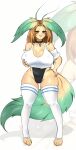  1girl big_ass big_breasts brown_hair cute leafeon long_ears long_hair necklace posing seductive sexy smile swimsuit tail thighs usagiri yellow_skin 