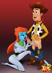  1boy 1girl buzz_lightyear_of_star_command cowboy_boots cowboy_hat disney disney_channel licking_penis mira_nova navel no_underwear penis pixar red_background testicle toy_story woody_pride xl-toons.com 