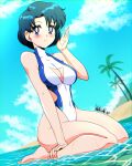  1girl 1girl absurd_res alluring bare_arms bare_legs bare_shoulders beach big_breasts bikini bishoujo_senshi_sailor_moon blue_eyes blue_hair blush cleavage_cutout closed_mouth clothing_cutout collarbone covered_navel danmakuman day full_body high_res highleg highleg_one-piece_bikini kneel mizuno_ami ocean one-piece_bikini outside parted_bangs sailor_mercury short_hair sitting smile swimsuit thighs wariza water wet 